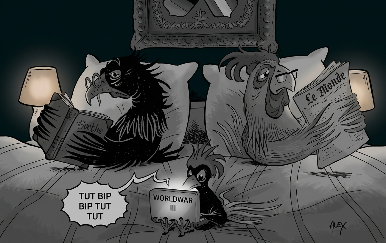 Karikatur von Vögeln im Bett: Zwei lesen Zeitungen, während ein kleiner Vogel ein Schild mit „Worldwar III“ hält.